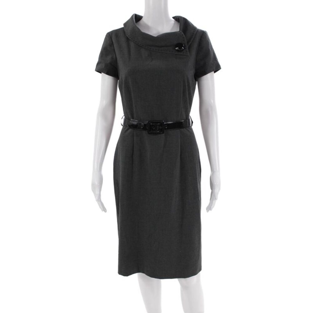 Tahari Levine Womens Back Zip Short Sleeve Belted Sheath Dress Gray Size 6